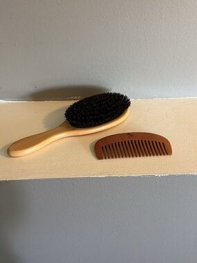 Wooden Hair Brush and Brown Pocket Comb - Black Bristles